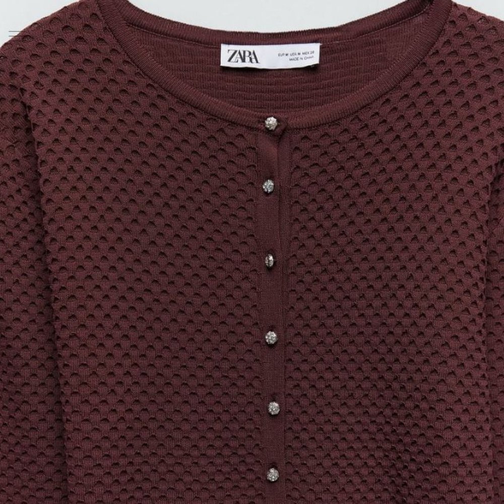 Zara Burgundy Knit Jewel Rhinestones Buttons Textured Cardigan, NWT, M - Picture 4 of 14